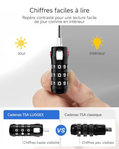 Image of LUGGEX 4 Pack TSA Locks for Luggage, Luggage Locks TSA Approved | Suitcase Locks in Gift Box, Ultra-Light 33g Combination Cable Locks, Easy-Read Dials for Suitcase Backpack Gym, Black-Silver