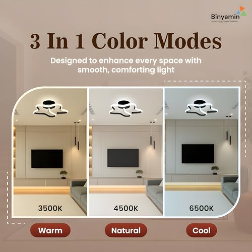 Image of Binyamin Ceiling Light Surface Mount for Entrance Lobby, 50W Surface Ceiling LED Light, LED Light for Living Room Ceiling, 3 Colour Black Flush, Anti-Glare LED Lights for Room (Star) (Pack of 2)