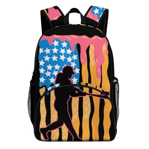 Baseball Drip Dripping Ice Cream American Flag Backpack Large Capacity Leisure Travel Backpack Outgoing Daypack 17.3X12.5X7.5 Inch