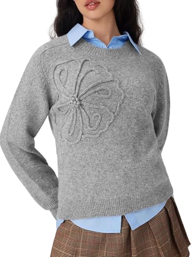 CIDER Women's Cute Sweater Crew Neck Long Sleeve Floral Pullover Fall Winter Sweaters Loose Fit Knit Top2
