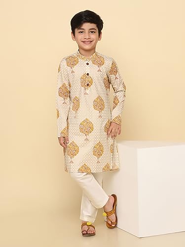 Image of KISAH Kid's Full Sleeves Cotton Blend Knee Length Printed White Kurta Pyjama Set (3-4Y)