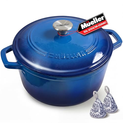 Mueller 6qt Enameled Cast Iron Dutch Oven, Heavy-Duty Casserole and Braiser Pan with Lid and Knob, Oven-Safe up to 500° F & Across All Cooktops, Aqua Blue
