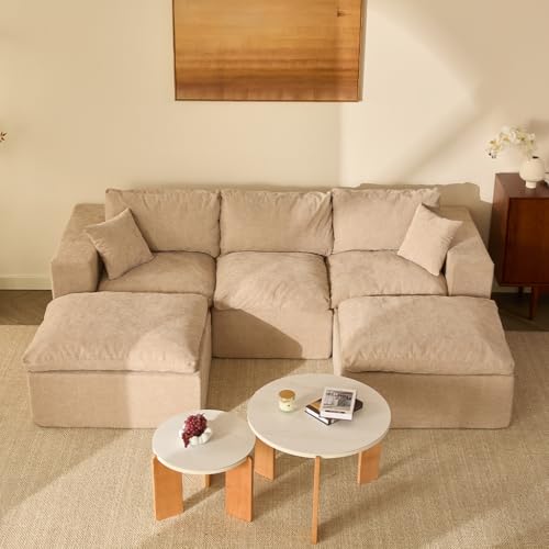 Litbird Canapé d'angle modulable 265 cm, Chenille, 5 Places, Beige Sable
