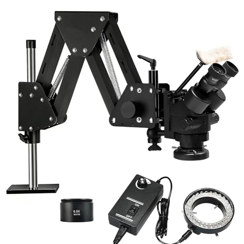 Image of Jewelry Microscope, 7X-45X Magnification with Multi-Directional Spring Stand, 56-LED Ring Light, 0.5X Barlow Lens, for Jewelry Engraving Setting Making