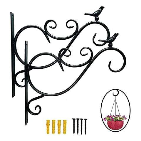 LOYONAL Post Hanging Basket Bracket 12 Inch - Sturdy and Durable Hanging Basket Hooks Stand - Wrought Iron Garden Wall Brackets - Multipurpose Hanger For Indoor and Outdoor Decor - Black Cover