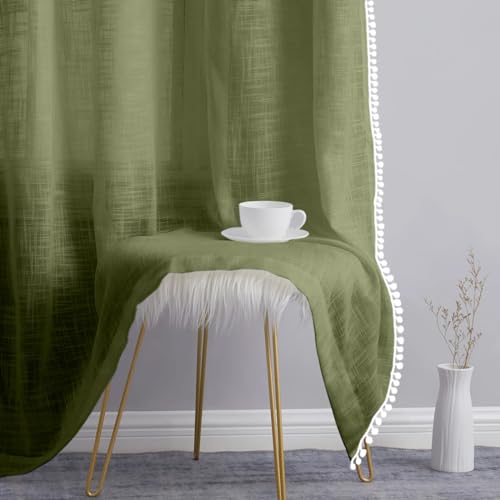 Image of THE LINEN COMPANY Cotton Sheer Grommet Curtains with Side Border Pompom Sheer Curtain for Window Linen Textured, Light Filtering, Pack of 2 (Avocado Green, 5 Feet)