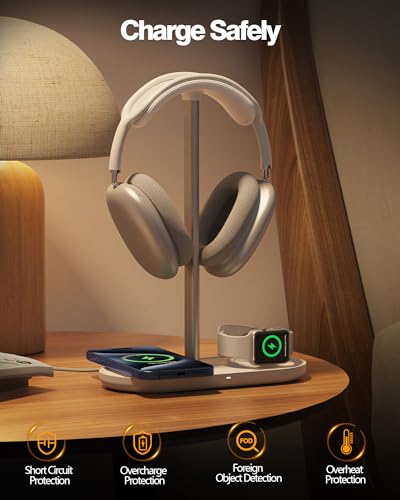 HiWe 3-in-1 Headphone Stand - Universal Desktop Gaming Headset Holder with Wireless Charger for Phones/AirPods/iWatch, Aluminum Alloy Rod, Leather Pad, ABS Solid Base, White - Image 5