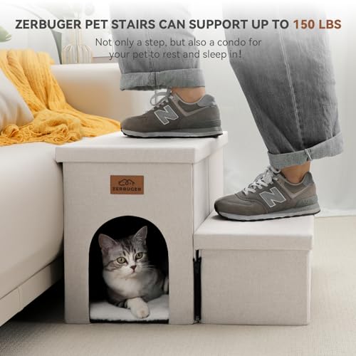 Image of Zerbuger Dog Stairs with Condo 15 inch H, 2-Step Wider Dog Steps for Small /Medium /Large Old Dogs Cats, Folding Sturdy Storage Pet Stairs Climbing Bed Couch, Ramp for Car Hold Up to 150 lbs, Beige