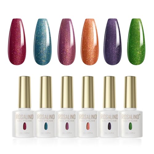 ROSALIND Pintauñas Semipermanentes, 6 Colores UV Dorado Purpurina Rojo Azul Violeta Claro Oscuro Naranja Verde Esmaltes Semipermanentes para Uñas, Dorado Glitter Esmaltes de Uñas Set