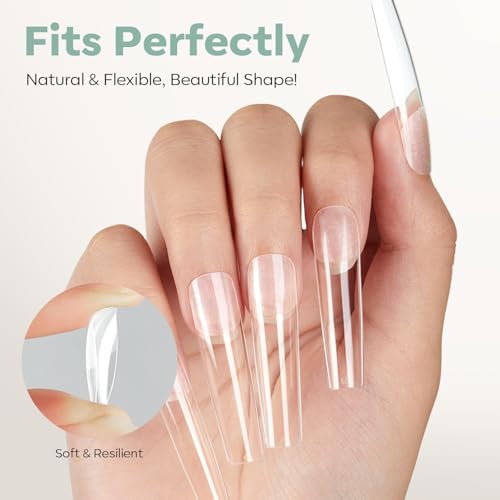 Image of Modelones Long Square Nail Tips 3xxxl Straight Pre-shaped Soft Gel Fake Kit | Acrylic Clear Full Cover Press on Extension Kit Gel Manicure DIY at Home 216PCS 12Sizes