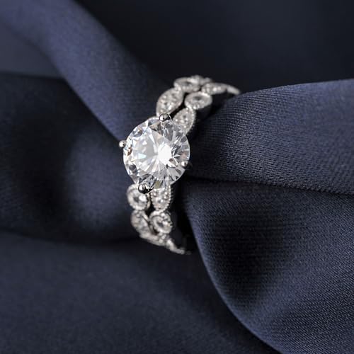 2CT Solitaire Cubic Zirconia Promise Engagement Ring For Women 925 Sterling Silver, Simulated Diamond 14k White Gold Plated CZ Stackable Rings For Her, Marquise Wedding Band Bridal Ring Set4