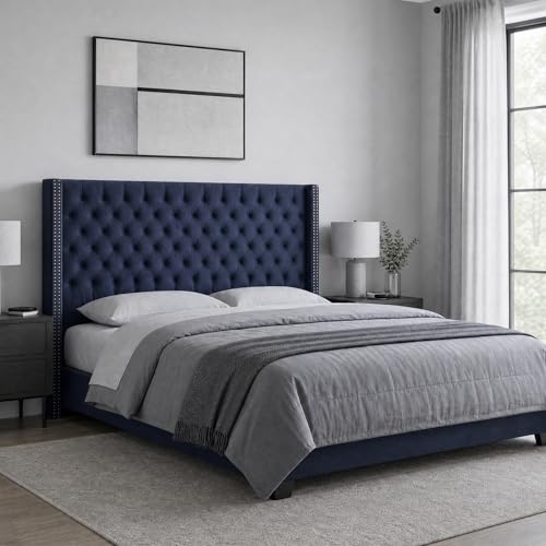 Image of Madison Park King Wingback Upholstered Tufted Headboard, Featuring High-Density Sponge Padding, Adjustable Height Headboard, Easy Assembly, Navy