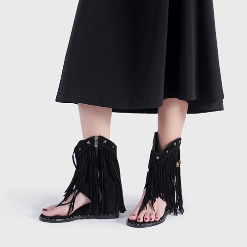 Image of Women's Bohemian Tassel Gladiator Sandals Brown Suede Thong Flip Flops for Fringe Summer Wedge Heel Sandal with Rivets Western Shoes