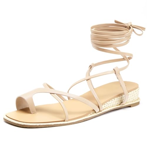 Coutgo Womens Lace Up Gladiator Sandals Strappy Flat Dressy Low Heel Wedges Thong Summer Beach Shoes