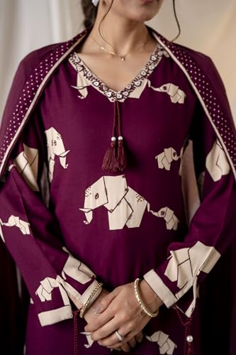 Image of ishin Quirky Printed Rayon A-line Kurta paired with Afghani Pants and Flowy Chiffon Hand Tassel Dupatta