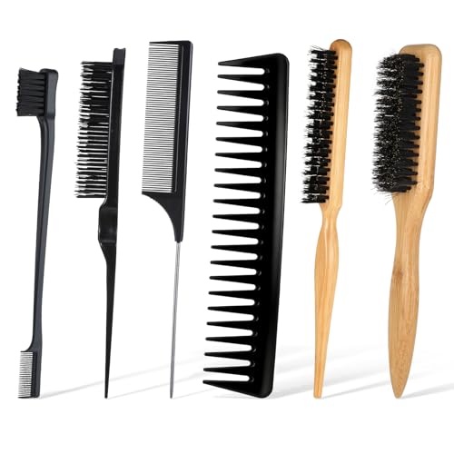 Gsbnjuy 6 PCS Slick Back Hair Brush Set, Boar Bristle Teasing Comb Edge Control Hair Brush Rat Tail...