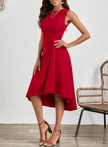 Image of Happy Sailed Women's Summer Dresses Sleeveless Ruched Waist A Line High Low Midi Cocktail Dress(Waist Tight,Please Size Up)