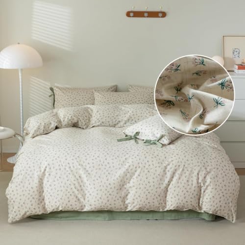 Image of LifeTB Full Comforter Set Vintage Green Floral Bedding Comforter Boho Flower Cottagecore Comforter with 2 Bow Ties Pillowcases Fluffy Lightweight Bedding Farmhouse Botanical Comforter Set