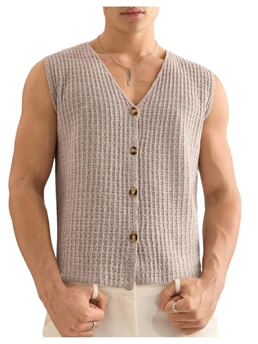 SweatyRocks Men's Button Down Sweater Vest V Neck Sleeveless Textured Casual Knit Tops