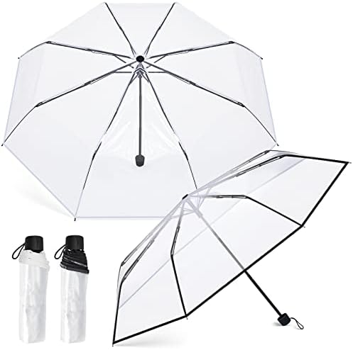 2 Pcs Clear Umbrella Transparent Portable Umbrella Compact Foldable Umbrella Manual Open Close Folding Umbrellas for Wedding Travel, Dating(Black, White)