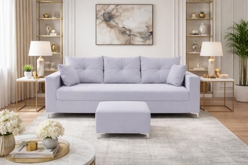 Image of Zora 4 Seater L Shape Sofa Set with Movable Ottomans | Flexible Layout | Rich Velvet Suede Fabric | Silver Legs | Dual Tone Modern Sofa for Living Room (Light Grey)