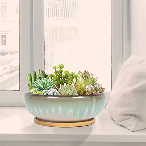 Sqowl 7 Inch Ceramic Succulent Planter Pot With Drainage Hole Drip Glazed Binsai Pot With Bamboo Tray For Indoor Plants #TOP4