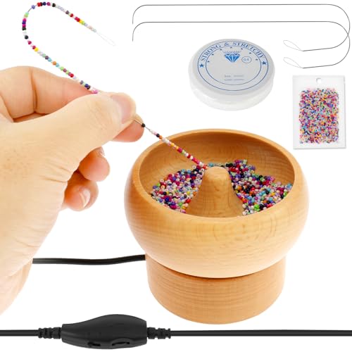 Electric Wooden Bead Spinner USB Powered Spin Beading Bowl Kit Adjustable Speed and Direction Spin Bead Loader with 2 Beading Needles 2000 Beads for Bracelets Jewelry Making(Brown)