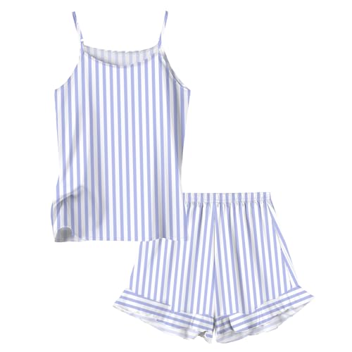 Umeyda Silk Pajamas Set Girls Satin Ruffle Sleepwear 2 Piece Pjs Set, Blue Striped,13-14 Years = Tag 170
