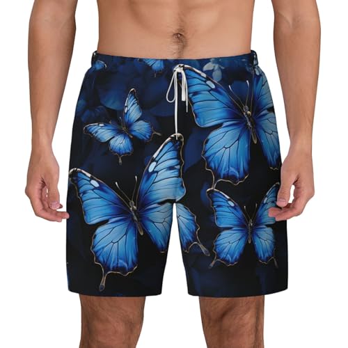 Men's Swim Trunks Quick Dry Board Shorts Dark Blue Butterflies Beach Shorts with Pocket Bathing Suits for Men
