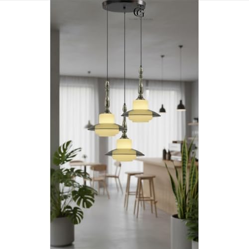 Image of Luxury 3-Head UFO Dome Pendant Light|Smoke Glass & Frosted Cube Inner Shade|Modern Hanging Light for Living Room, Dining Table & Kitchen Island