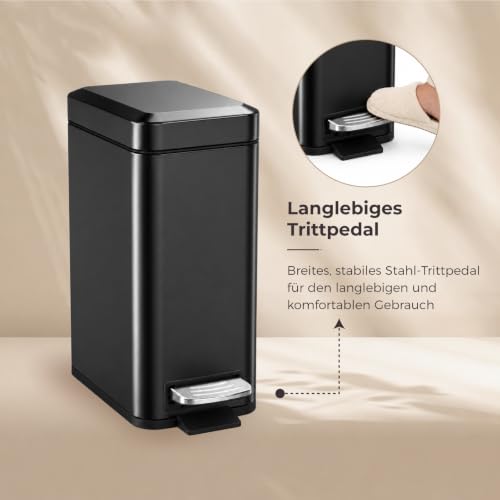 Image of Sineng Bathroom Trash Can with Lid Soft Close, 1.6 Gallon Stainless Steel Small Pedal Garbage Can with Removable Inner Bucket, Waste Bin for Kitchen Bedroom, Compact Toilet Trash bin, Black