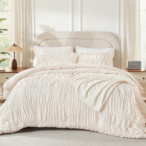 Image of Andency Ruched Beige King Comforter Set, Boho Ruffle Bedding Set 3 Pieces