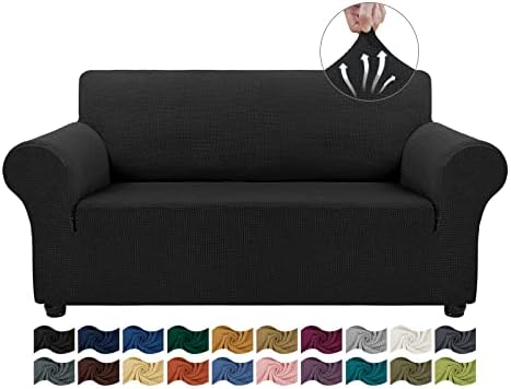 Asnomy Sofa Covers for 2 Cushion Couch Stretch loveseat Cover Slipcovers, Pet Protector Furniture Covers for Dogs Cats Spandex Jacquard Fabric Small Checks（Medium， Black）