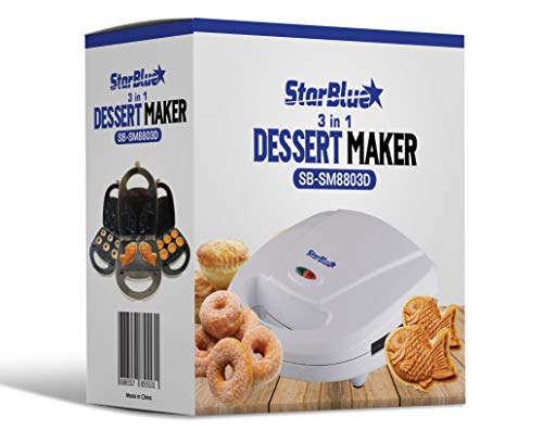 Mini-Donuts Maker, Mini-Pie and Quiche Maker, Taiyaki Maker – 3 in 1 Three Slices Detachable Dessert Maker by StarBlue, Wonderfully non-stick Plates, Cool-Touch Dessert Factory – White AC 110-120V 50/60Hz 700-800W