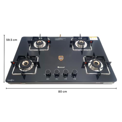 Image of Unicook Hob-Top 4 Burner Gas Stove| Auto-Ignition | Ultra-Slim Design| Forged Brass Burners | ISI Certified | 3 Years Warranty on Glass & Burners + 2 Year Comprehensive Warranty