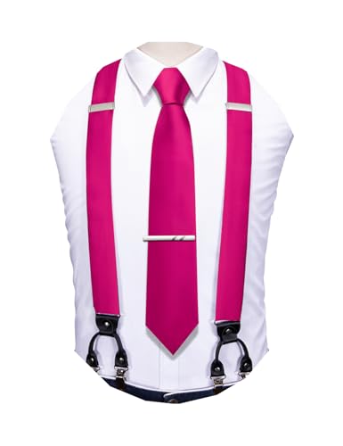 Image of Barry.Wang Men Suspender Set with Necktie Elastic Y Type Heavy Duty 6 Clips Braces Tie Handkerchief Cufflink Pin 6PCS