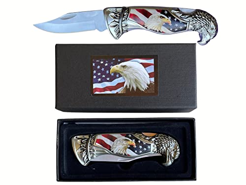 Treasure Gurus USA Flag & American Bald Eagle Head Shaped Folding Pocket Knife w/Gift Box Case