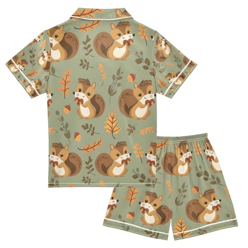 senya Smiling Squirrel with Acorns Satin Summer Pajama Sets Silk Short Sleeve Button Down Sleepwear2