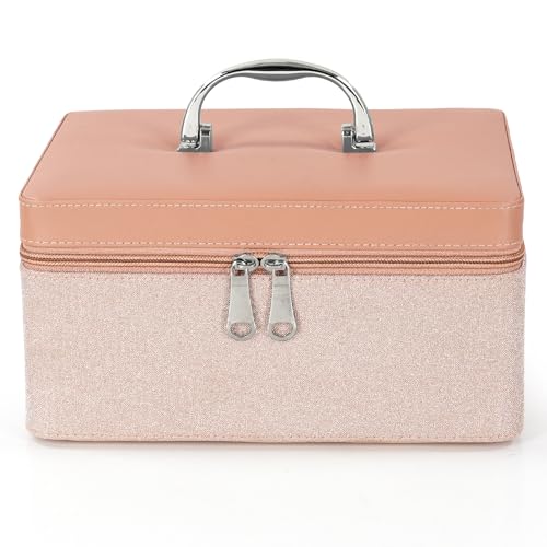 Image of FADAK Cosmetic Makeup for Beauty Case Wedding Makeup Brushes Pouch Tikli Organizer Travel Large Vanity Mirror Box Storage Bag Jewelry Bridal Box (Pink 02)