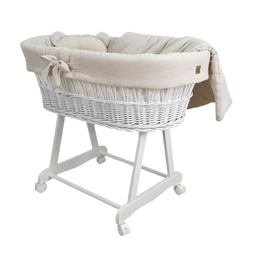 Wiklinopol Stubenwagen aus Weide mit Gestell & Matratze Amelia – Moseskorb in Weiß – Set Musselin-Bettwäsche in Beige – Weidenkorb, Tragbar, Ideal für Neugeborene