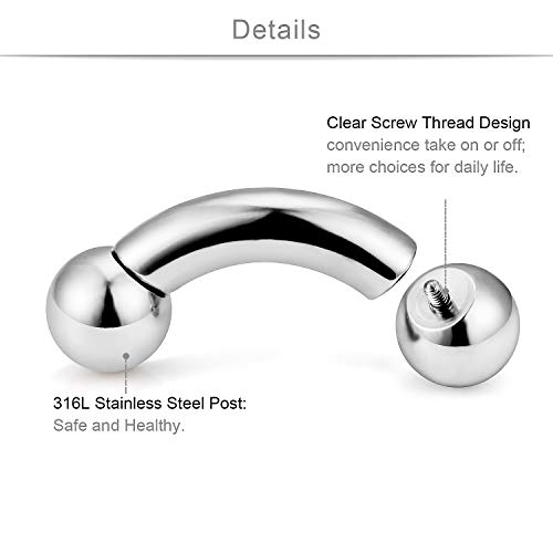 Scerring 4Pcs 2G 4G 6G 8G Pa Ring Bent Curved Barbell Internally Threaded Monster Screwball Rings 316L Surgical Steel Body Piercing Jewelry Bar Length 12Mm Silver #TOP1