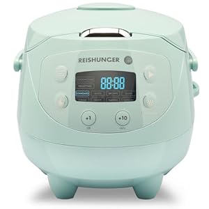 Reishunger Digital Mini Rice Cooker & Steamer, Mint with Keep-Warm Function & Timer – 3.5 Cups – Small Rice Cooker Japanese Style with Ceramic Inner Pot – 8 Programs – 1-3 People