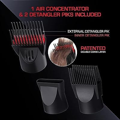 RED PRO 3200 Turbo Pro Detangler AC Hair Dryer, 3 Heat/2 Speed Settings, Cool Shot Button, Powerful Airflow, 3 Additional Styling Attachments with Detangling Pik