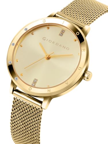 Image of Giordano Analog Quartz Watch for Women with Round Dial, Two-Hand Display, Crystal-Studded Hour Markers and Bezel and Stainless Steel Mesh Strap - A2085