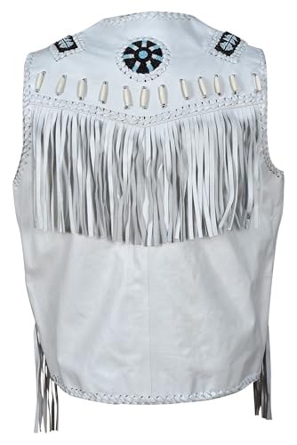 Image of Men's Western Cowhide Suede & Leather Vest - Beaded Fringe Yoke & Back Native-Inspired Cowboy Biker Vest