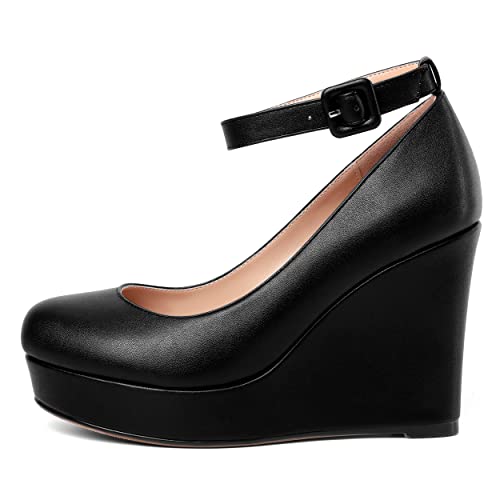 AMBELIGHT Womens Matte Solid Buckle Evening Dress Round Toe Platform Ankle Strap Wedge High Heel Pumps Shoes 4 Inch2