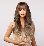 vedar Ombre Brown to Ash Blonde Wigs with Bangs, Long Wavy Synthetic Hair Wig 22 inch