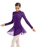 inlzdz Damen Eiskunstlauf Kleid Langarm Ballettkleid mit Glitzer Strass Ballett Leotard mit Chiffon Rock Turnanzug Rollschuh Eislaufen Tanzkleider Dunkellila S
