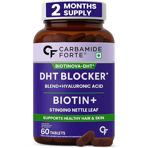 Carbamide Forte DHT Blocker with Biotin Tablets for Hair growth | Biotin Supplement with Bhringraj & Hyaluronic Acid | DHT Blocker Tablet supports Hair Growth, Scalp & Skin Health for Men & Women | 60 Tablets