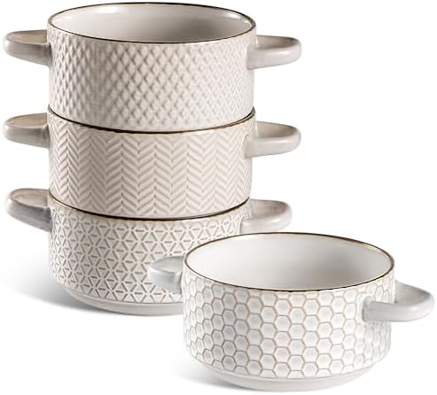 Gooditour Ceramic Soup Bowls Set - 27 Oz French Onion Soup Crocks with Handles - Embossed Stoneware Bowls for Soup Cereal Beef Stew Chili - Microwave Dishwasher Oven Safe - Set of 4